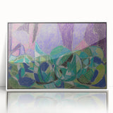 Art Deco poster featuring geometric shapes in muted gold and navy, framed acrylic, ideal for nursery wall art.