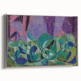Landscape art painting featuring a colorful abstract design in a silver-framed canvas.