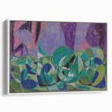 Vintage poster art featuring abstract, colorful shapes on a large framed canvas, suited for living room decor.