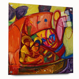 Large abstract wall art in bold colors on acrylic glass, suitable for bedroom or dining room decor.
