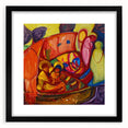 Extra large colorful abstract art print on canvas, featuring dynamic shapes in vibrant hues, framed in black.