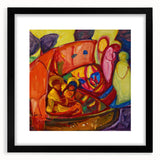 Extra large colorful abstract art print on canvas, featuring dynamic shapes in vibrant hues, framed in black.