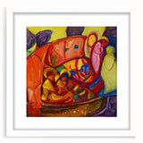 Abstract art print featuring geometric shapes in muted earth tones, framed in white.
