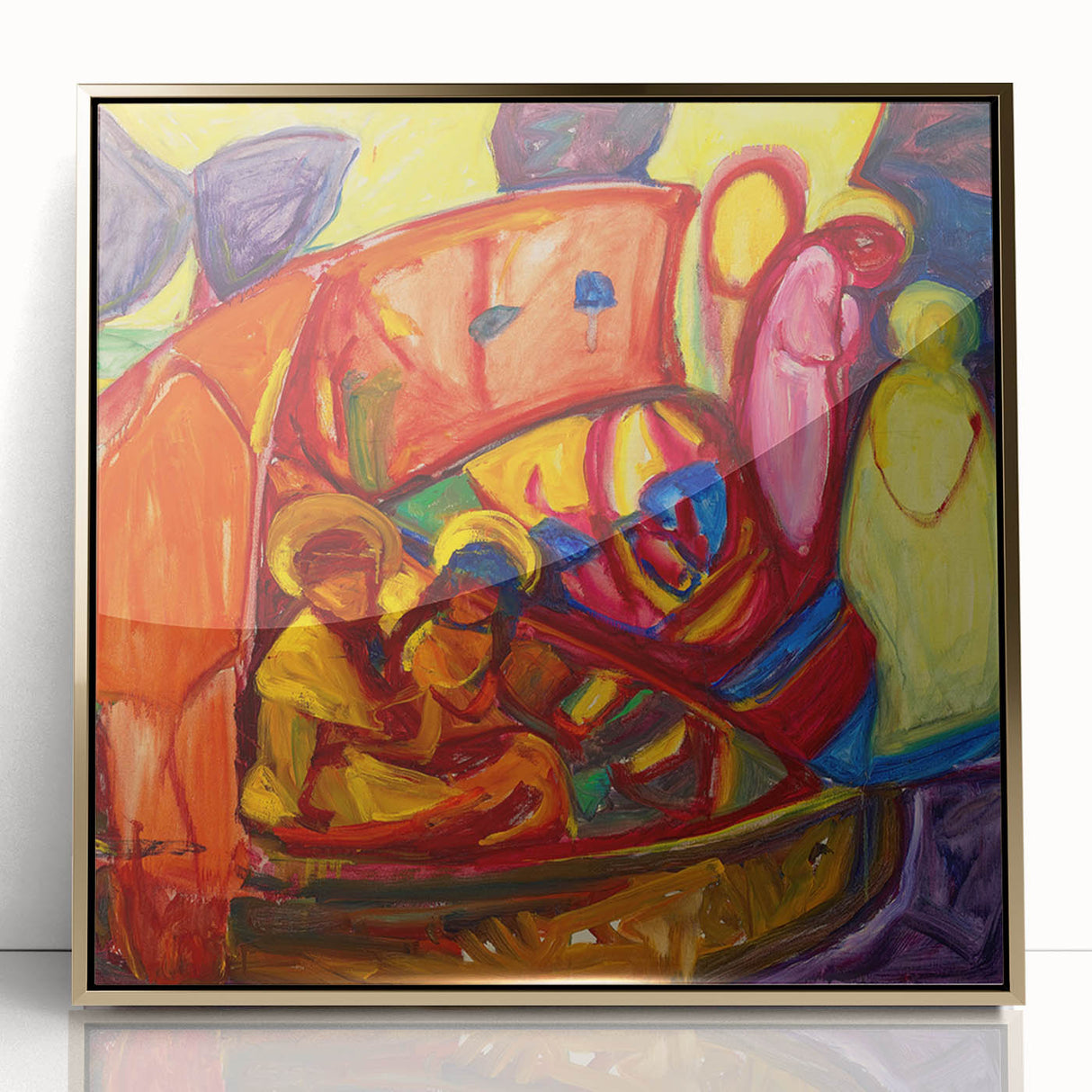 Mid-century modernist art print in pastel hues on acrylic, framed in gold, suitable for nursery wall art.