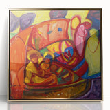 Mid-century modernist art print in pastel hues on acrylic, framed in gold, suitable for nursery wall art.