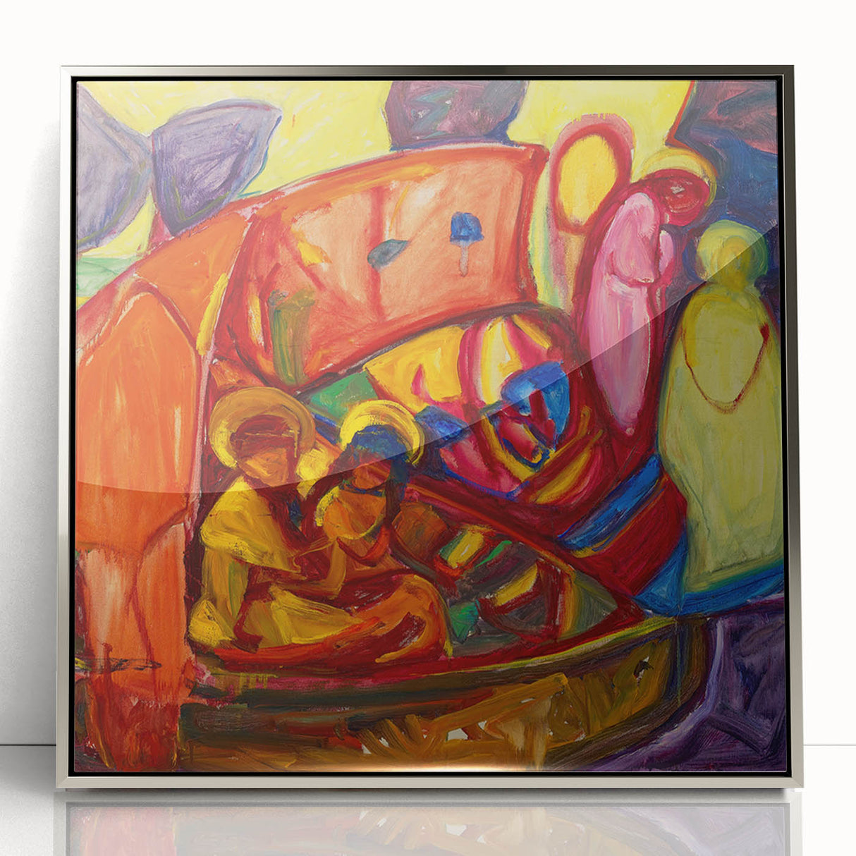 Mid-century modernist art featuring abstract shapes in muted tones on a silver-framed acrylic print.