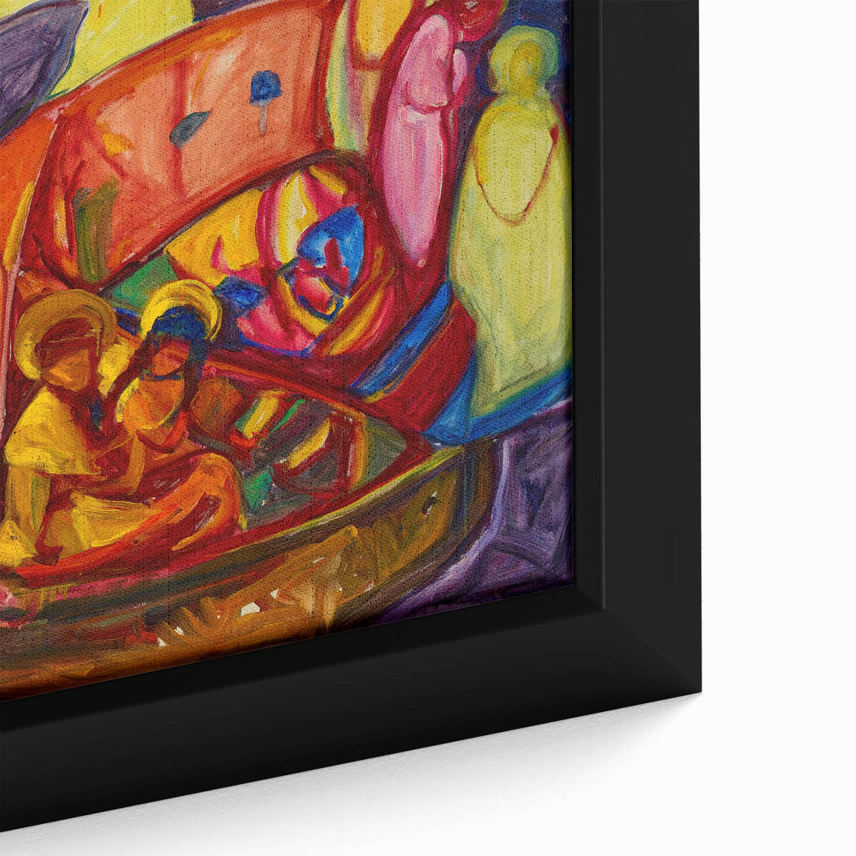Extra large framed canvas featuring a textured, colorful abstract design in black, ideal for living room decor.