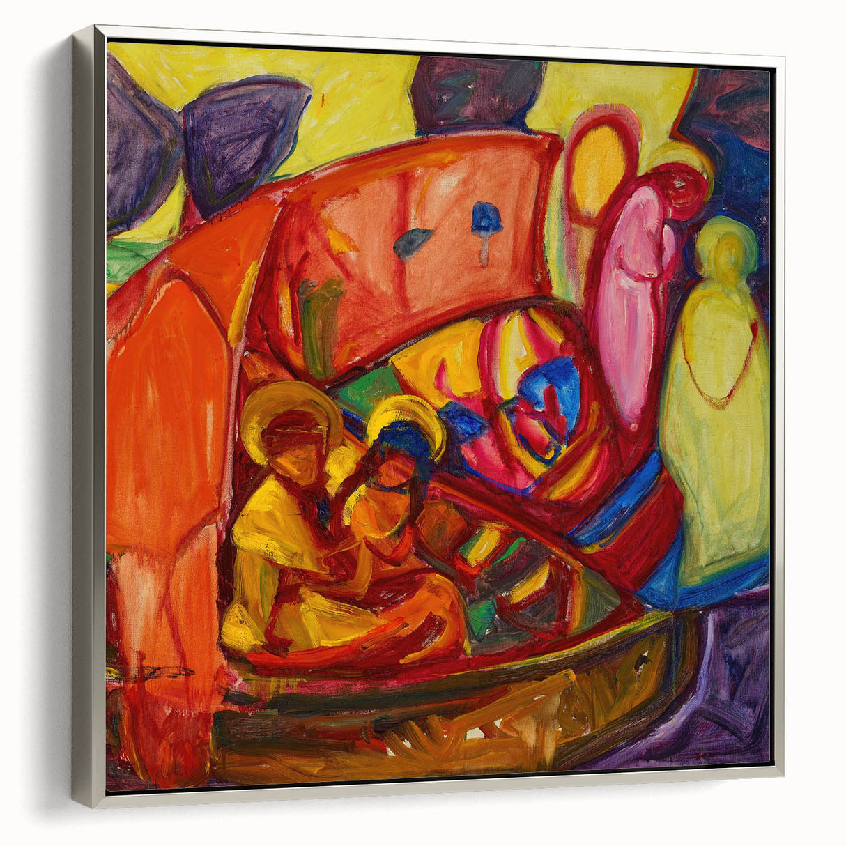 Framed canvas of a colorful, vintage-style landscape art painting, ideal for enhancing a modern living space.
