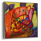 Framed canvas of a colorful, vintage-style landscape art painting, ideal for enhancing a modern living space.