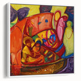 Vintage poster art of an abstract design in vibrant colors on a large framed canvas, suited for living room decor.