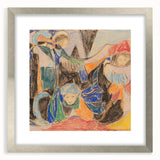 Textured abstract art print in cool tones, framed in silver, ideal for bedroom wall decor.