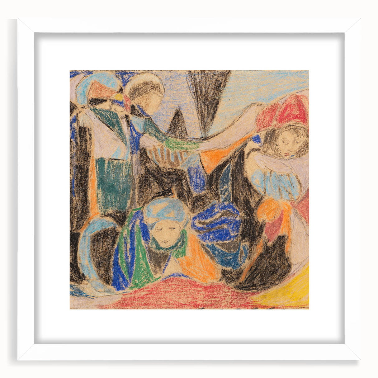 Abstract art print featuring geometric shapes in muted tones, framed in white, ideal for modern dining room decor.