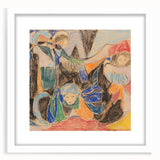 Abstract art print featuring geometric shapes in muted tones, framed in white, ideal for modern dining room decor.