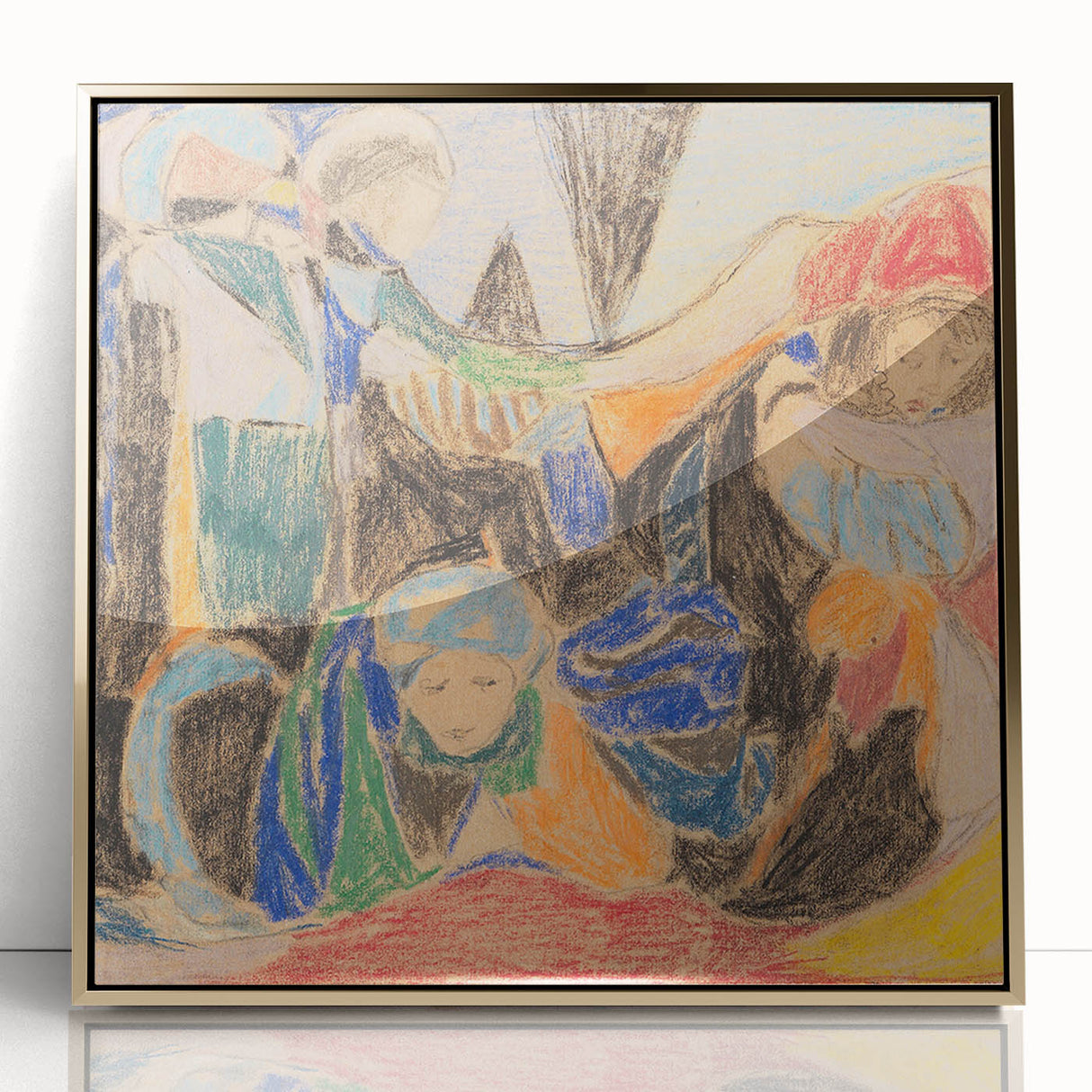 Large art print of Adolf Holzel's abstract design in gold frame, featuring mid-century modernist style.