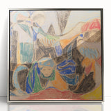 Mid-century modernist art featuring geometric shapes in muted earth tones on a framed acrylic.