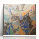 Modern art wall decor featuring abstract shapes in muted tones on framed acrylic, suitable for nursery ambiance.