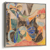 Landscape art painting featuring colorful abstract designs on a black background, presented in a silver-framed canvas.