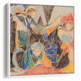 Vintage poster art featuring abstract colorful patterns on a large framed canvas, suitable for living room decor.