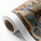 Art deco poster featuring geometric patterns in bold blue and yellow, printed on rolled canvas, ideal for nursery wall art.