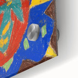 Large abstract wall art in mid-century modernist style, featuring geometric shapes in bold colors on acrylic glass.