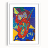 Abstract art print in muted gray and blue tones, framed with a white mat, ideal for modern bedroom or dining room ambiance.