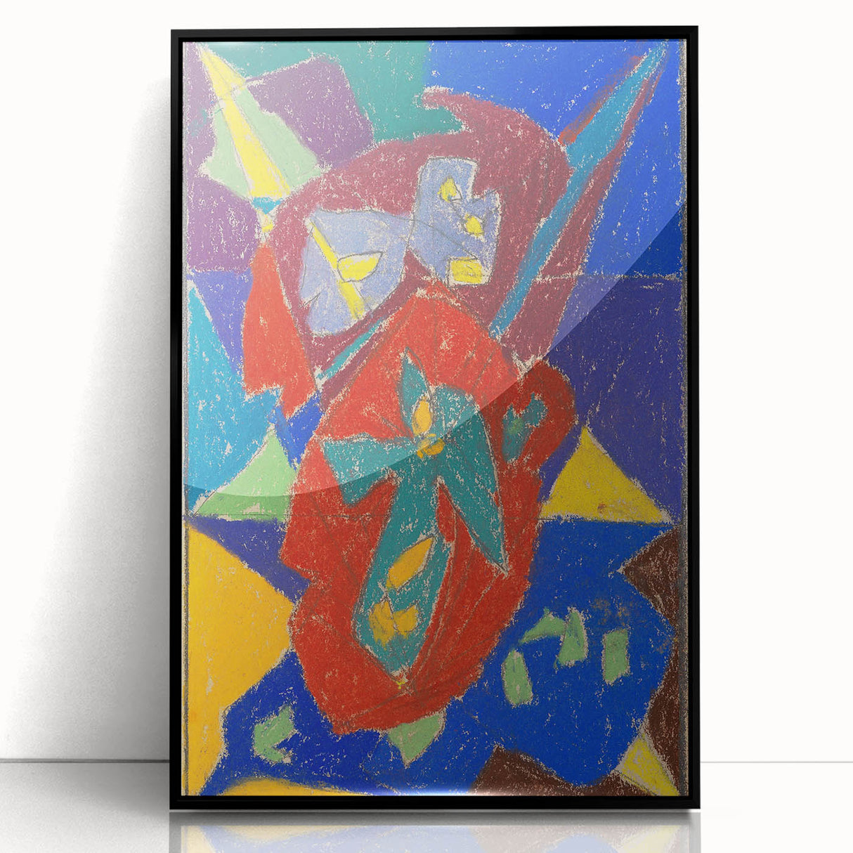 Large abstract wall art featuring mid-century modernist design in muted earth tones, framed in black acrylic.