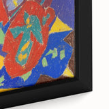 Extra large framed canvas featuring textured, colorful abstract shapes on a black background, ideal for living room decor.