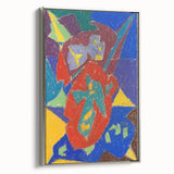 Landscape art painting featuring colorful abstract shapes on a black background, displayed in a silver-framed canvas.