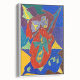 Vintage poster art featuring abstract, colorful shapes on a black background, framed canvas, ideal for living room decor.