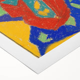 Art deco poster featuring geometric shapes in muted beige and brown, on a rolled canvas.