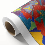 Art deco poster featuring geometric shapes in muted blue and beige, printed on rolled canvas, ideal for nursery wall art.