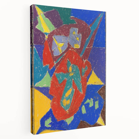 Abstract geometric design in muted blues and greens on a large stretched canvas, ideal for kitchen wall art.