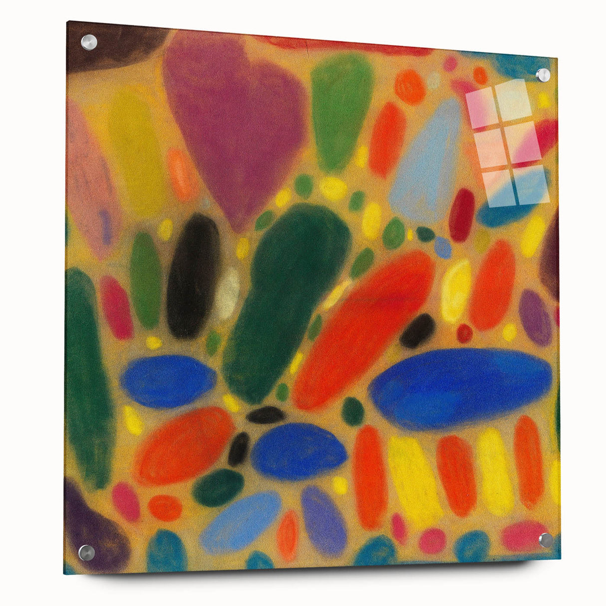 Large abstract wall art in muted blues and greens on acrylic glass, suitable for bedroom or dining room decor.