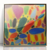 Mid-century modernist art print in muted blues and oranges, framed in gold acrylic, suitable for nursery wall decor.