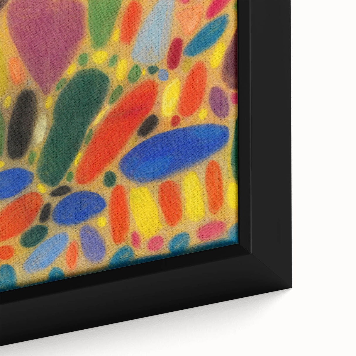 Extra large framed canvas featuring textured, colorful abstract design on a black background, ideal for living room decor.