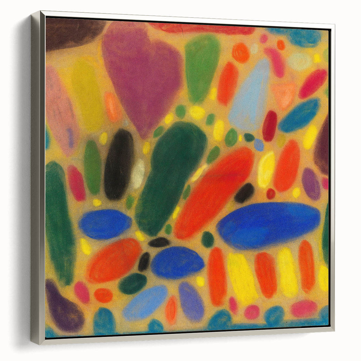 Framed canvas featuring a landscape art painting in colorful art style with black accents.