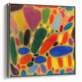 Framed canvas featuring a landscape art painting in colorful art style with black accents.