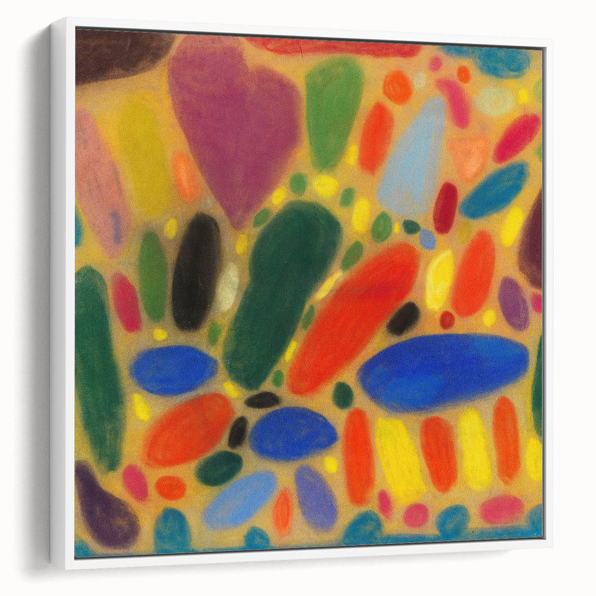 Vintage poster art featuring abstract shapes in vibrant colors on a large framed canvas, ideal for living room decor.
