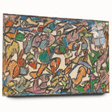 Large abstract wall art in vibrant colors on acrylic glass, suitable for bedroom or dining room decor.