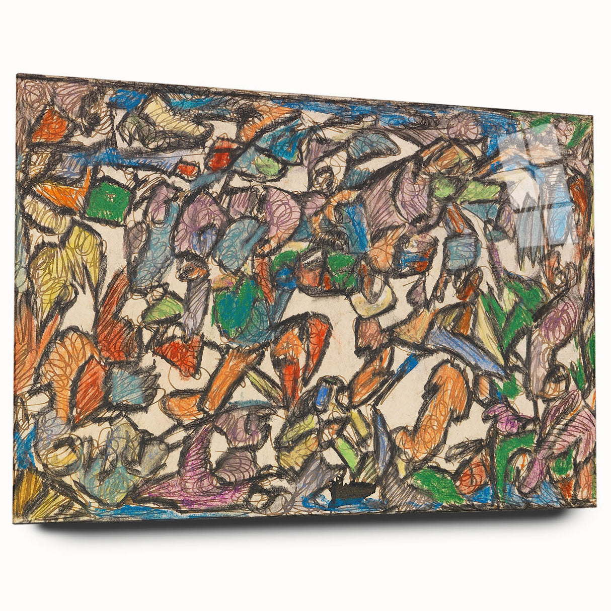Large abstract wall art by Adolf Holzel in muted tones on acrylic glass, ideal for bedroom or dining room decor.