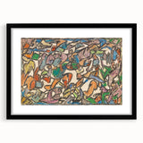 Colorful abstract art print with textured design in a black frame, ideal for extra large wall art in a living room.