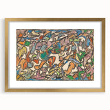 Extra large abstract art print featuring textured design in muted earth tones on a gold-framed canvas.