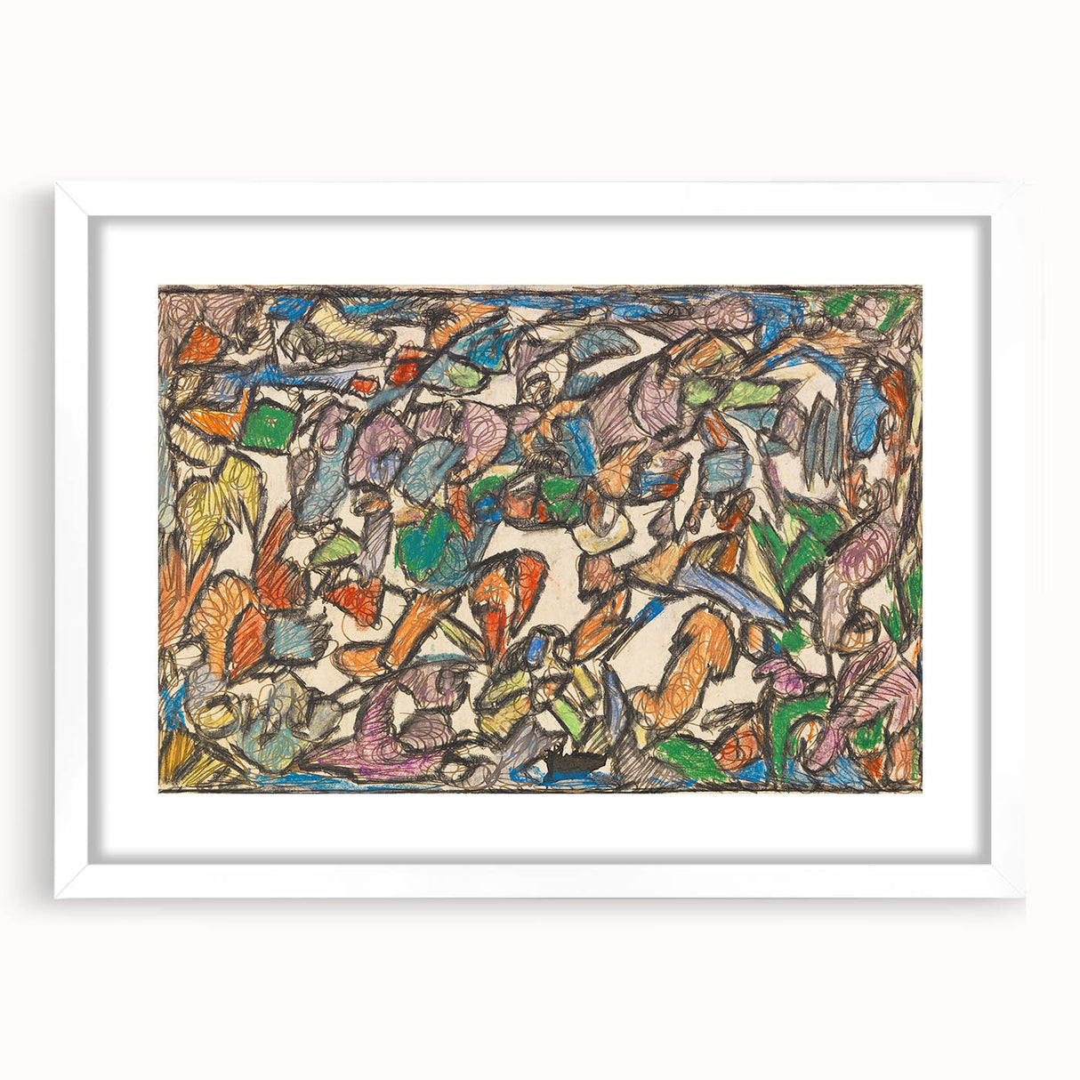 Abstract art print of geometric shapes in muted blues and greens, framed in white, suitable for bedroom or dining room.