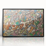 Large abstract wall art featuring mid-century modernist design in muted earth tones on framed acrylic.