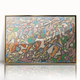 Mid-century modernist art print in gold frame, featuring abstract shapes in vibrant colors on acrylic.