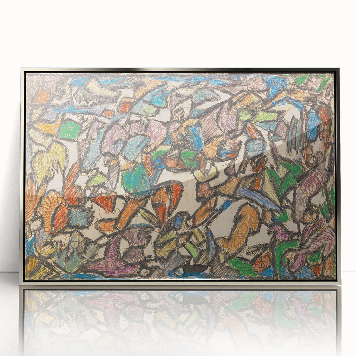 Mid-century modernist art by Adolf Holzel, featuring geometric shapes in muted tones on silver-framed acrylic.