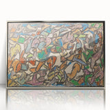Mid-century modernist art by Adolf Holzel, featuring geometric shapes in muted tones on silver-framed acrylic.