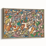 Vintage poster art of a landscape on framed canvas, featuring muted earth tones, ideal for bedroom wall decor.