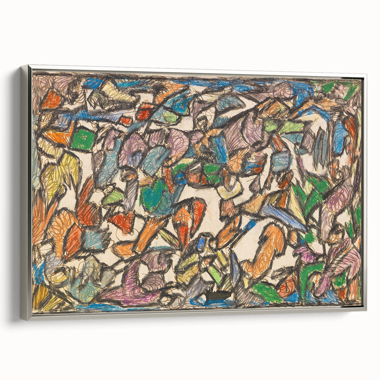 Vintage poster art featuring a landscape painting with vibrant colors on a framed canvas, ideal for living room decor.