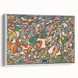 Vintage poster art featuring abstract, colorful design on a large framed canvas, ideal for living room decor.